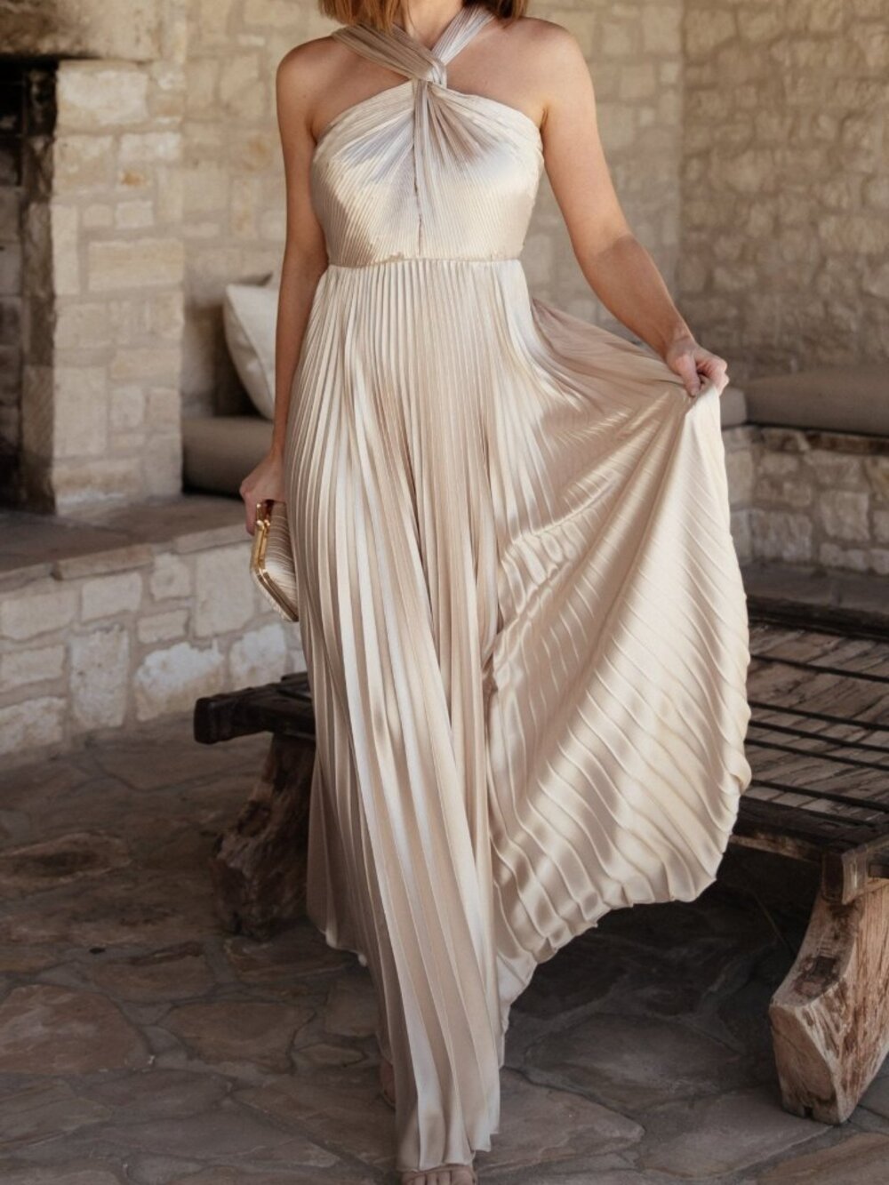 Baltic Born Sandra Pleated Maxi Dress | Champagne Size MM